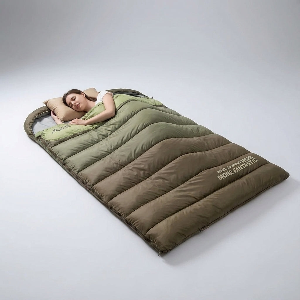 Two-person camping sleeping bag quilt style with breathable insulation
