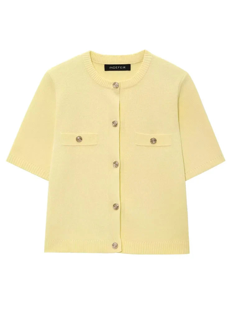 Short-sleeve crop cardigan with button detail and pocket accents