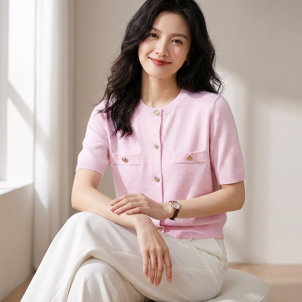 Short-sleeve crop cardigan with button detail and pocket accents