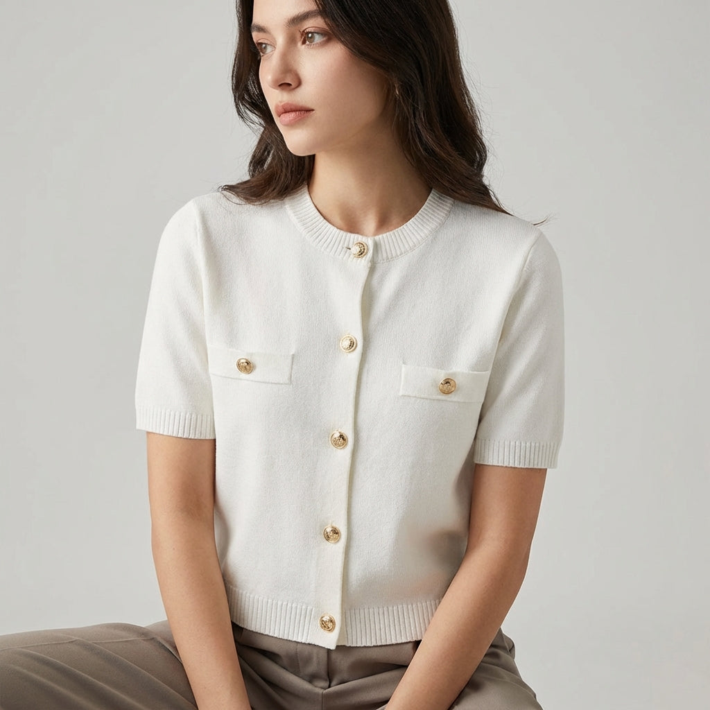 Short-sleeve crop cardigan with button detail and pocket accents