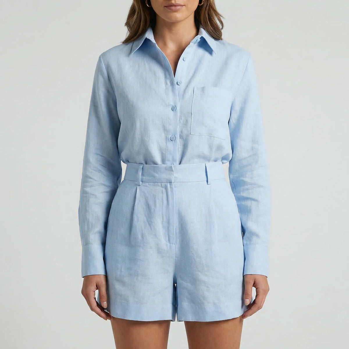 Women's casual long sleeve shirt and shorts set for summer