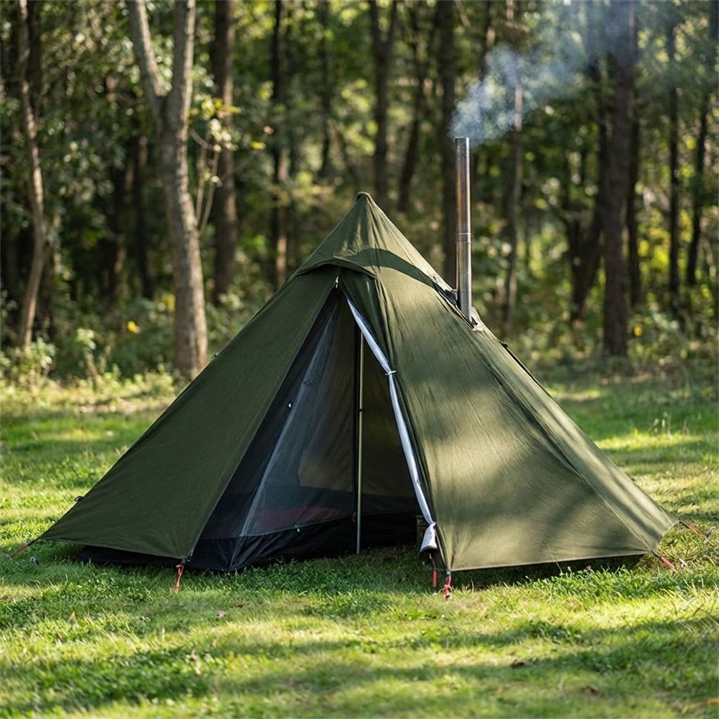 Single person hot tent with stove port and ventilation window