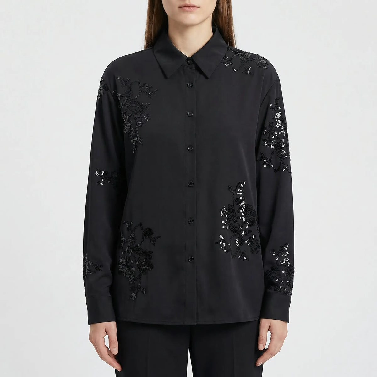 Embroidered sequin co-ord set with long-sleeve shirt and trousers