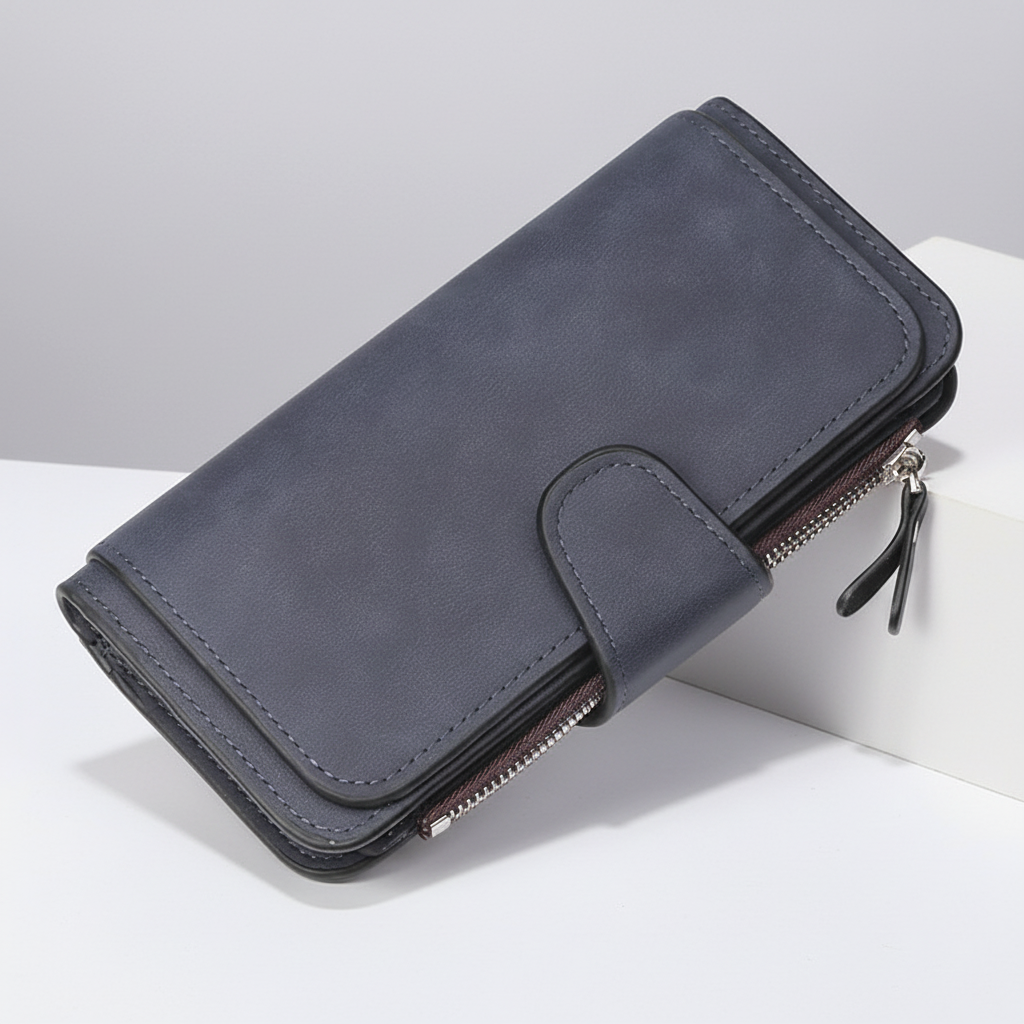 Long women's wallet with multiple card slots and zipped coin pocket