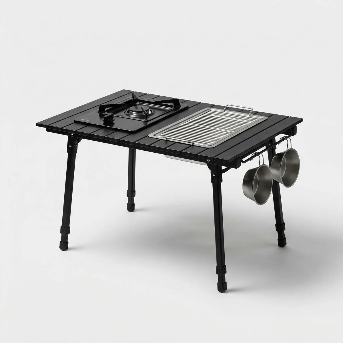 Folding IGT camping table with charcoal grill and cooker inserts