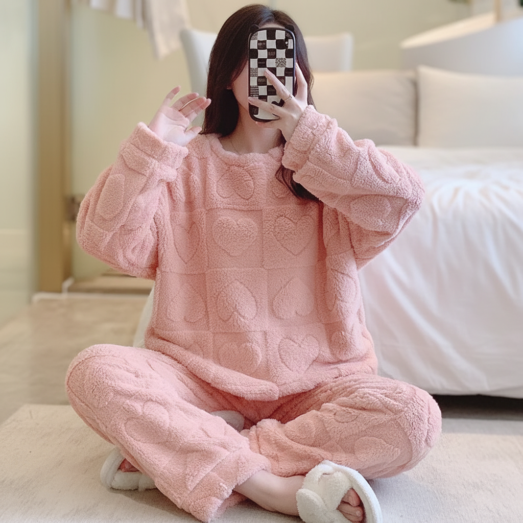 Warm lounge pyjama set with soft plush surface and heart texture