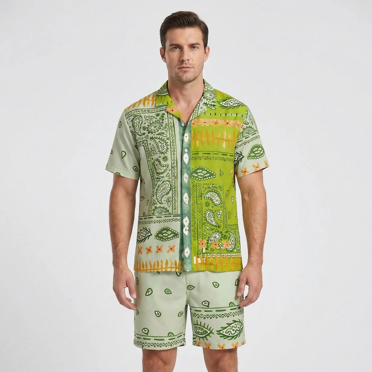 Men's tropical print 2-piece short sleeve set with matching shirt and shorts