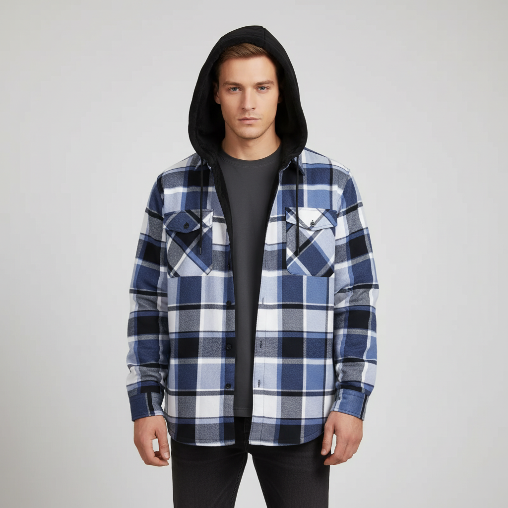 Men's checked hooded shirt with fleece lining and oversized fit