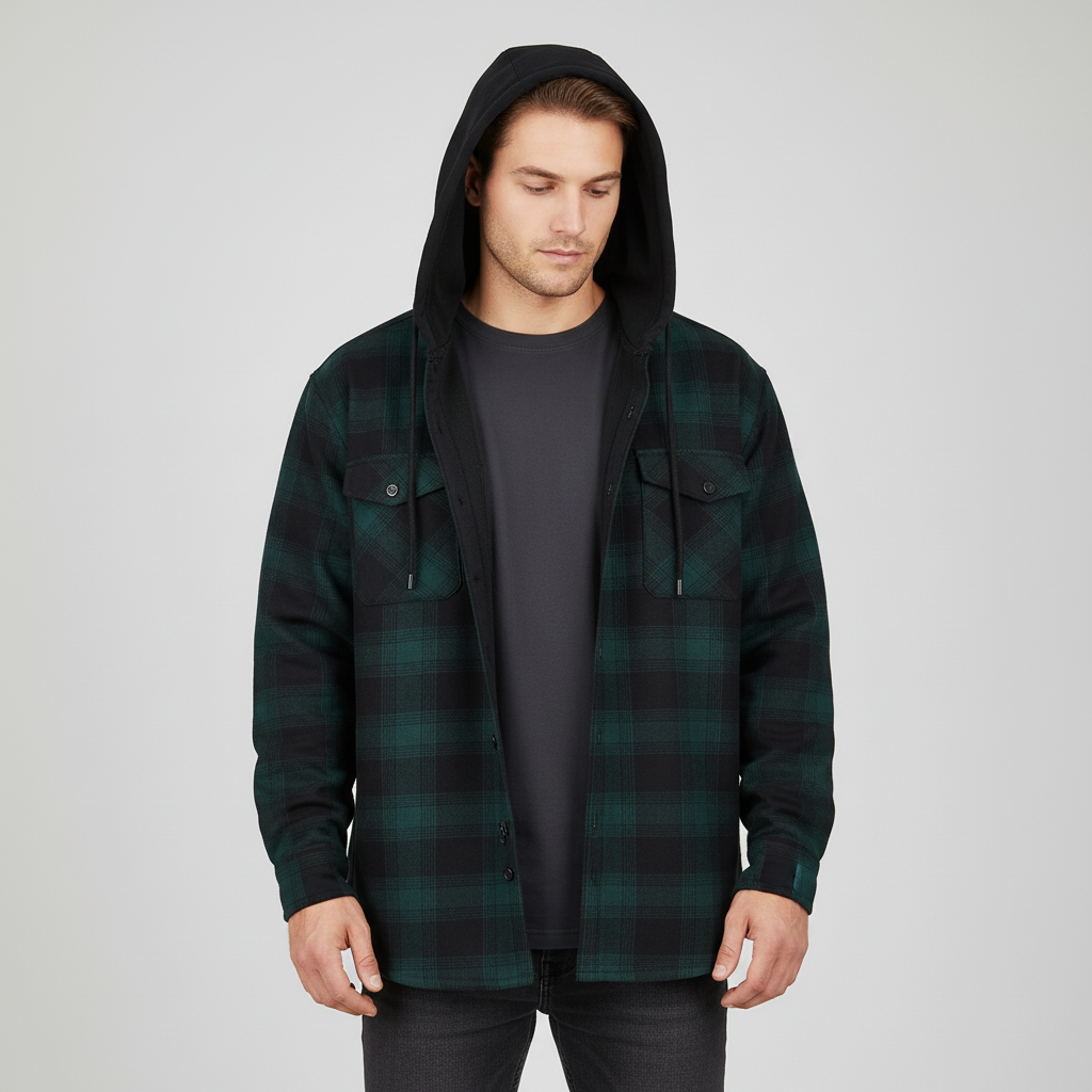 Men's checked hooded shirt with fleece lining and oversized fit