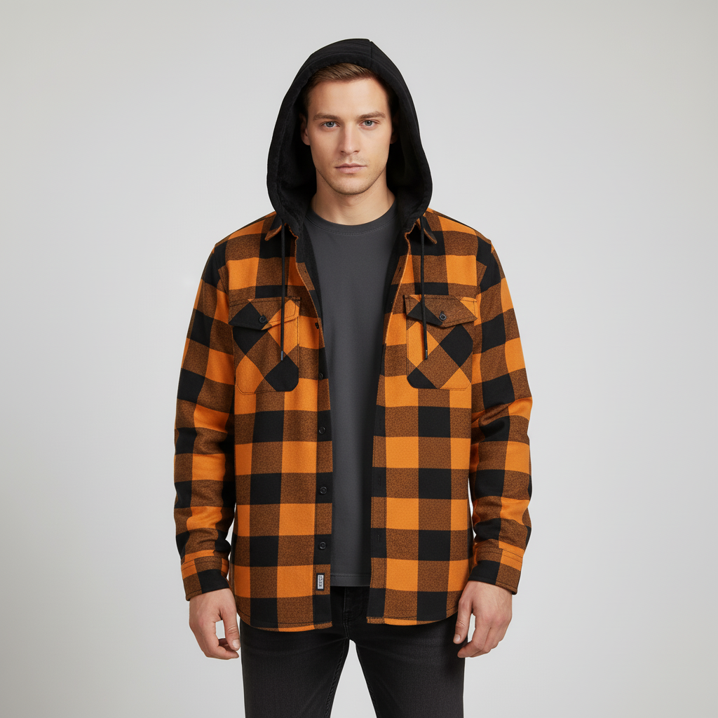 Men's checked hooded shirt with fleece lining and oversized fit