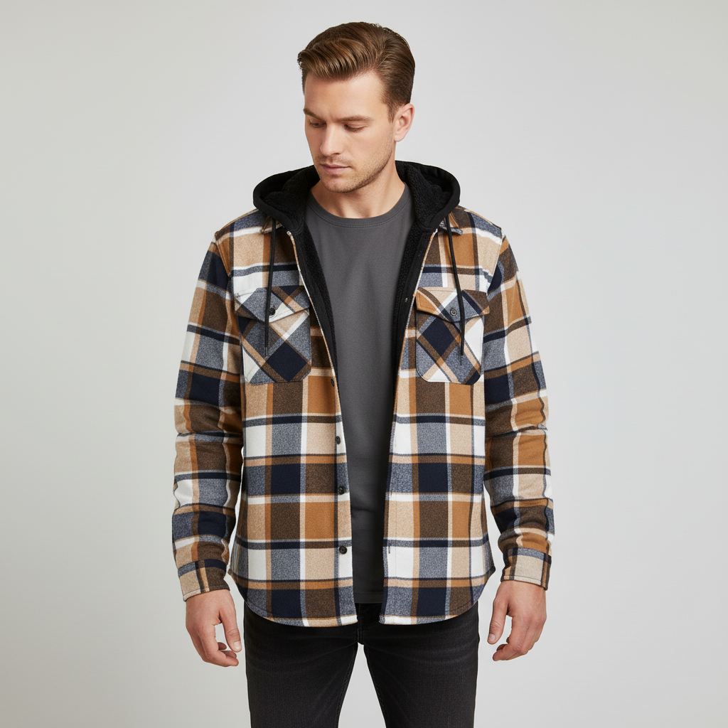Men's checked hooded shirt with fleece lining and oversized fit