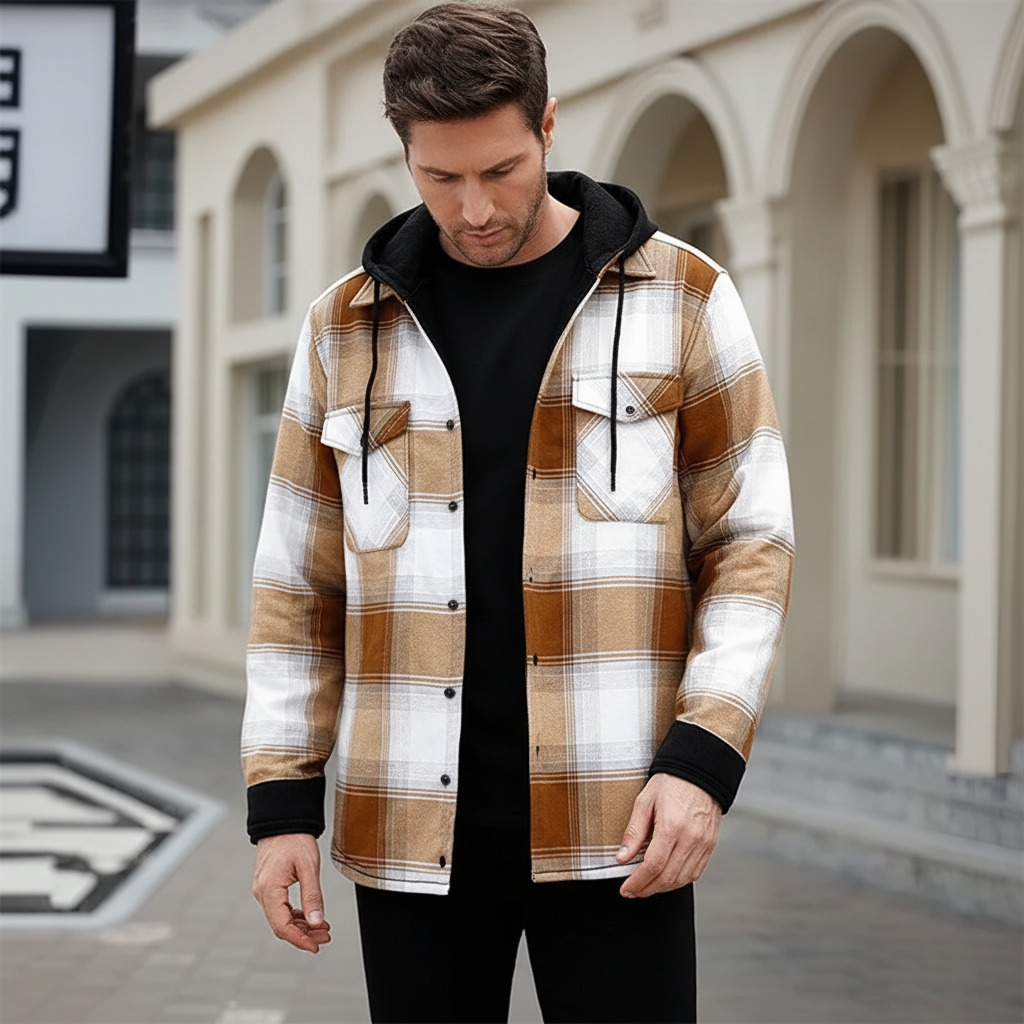Men's checked hooded shirt with fleece lining and oversized fit