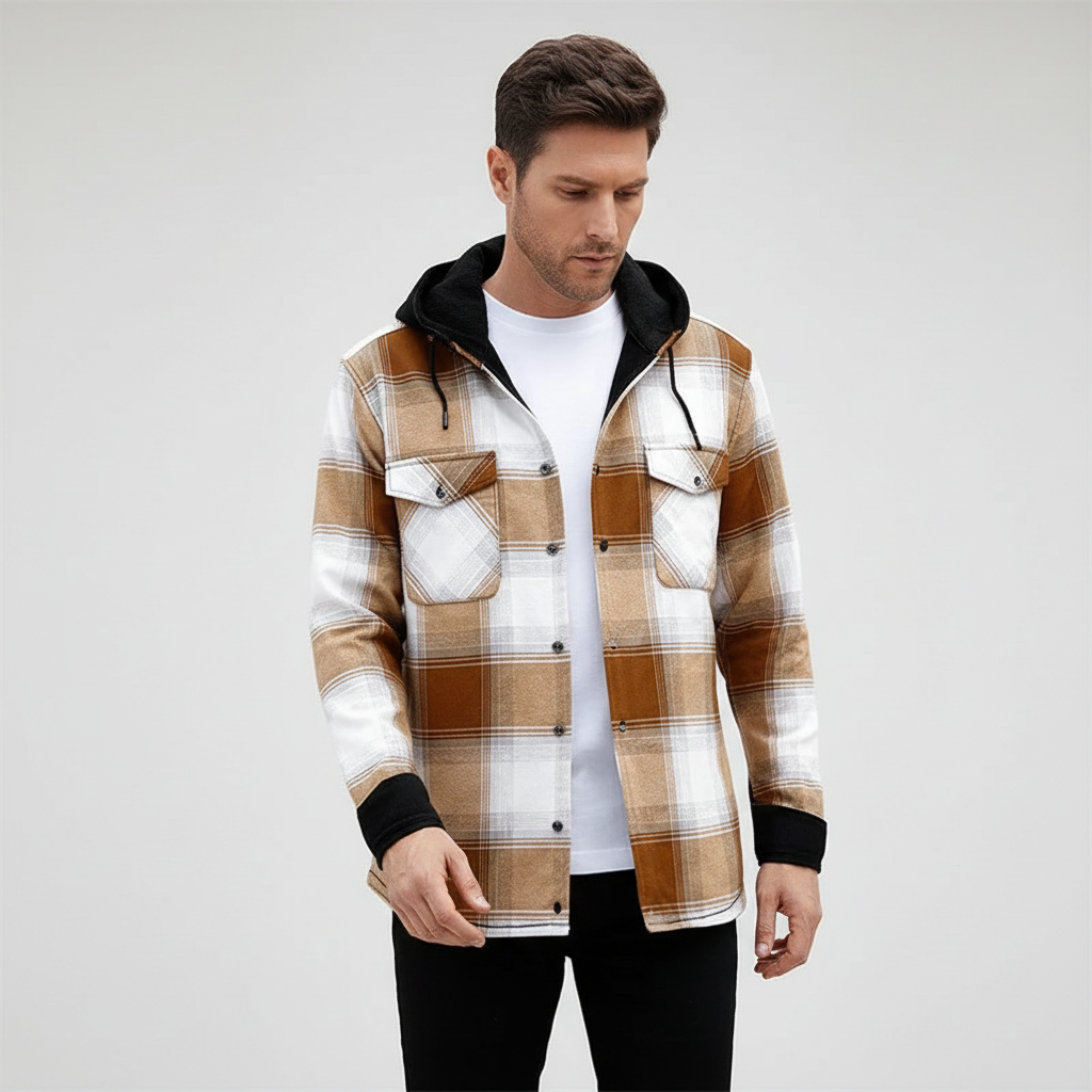 Men's checked hooded shirt with fleece lining and oversized fit