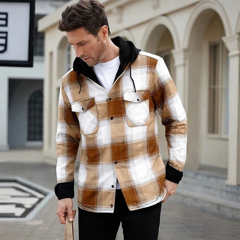 Men's checked hooded shirt with fleece lining and oversized fit