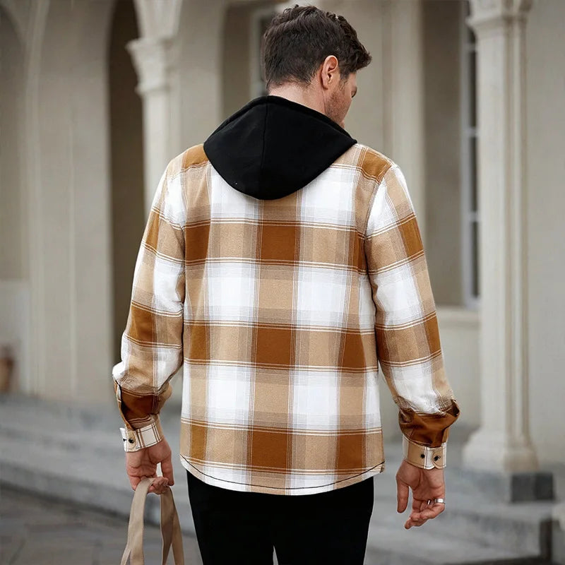 Men's checked hooded shirt with fleece lining and oversized fit