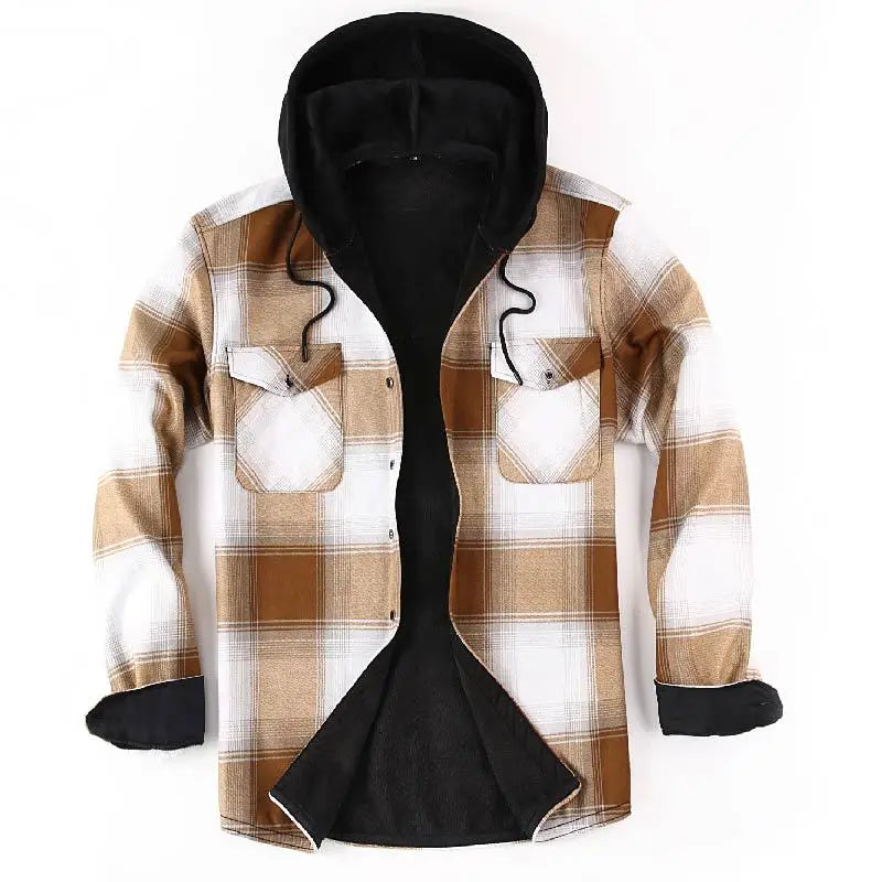 Men's checked hooded shirt with fleece lining and oversized fit