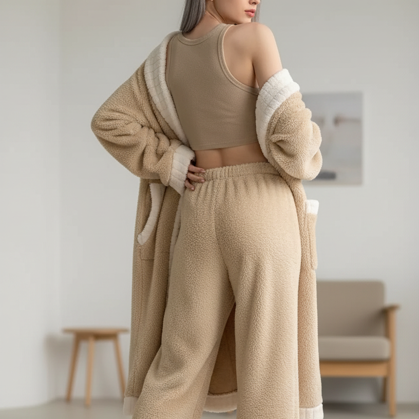 Full-length fleece pyjama set with V-neck and relaxed fit