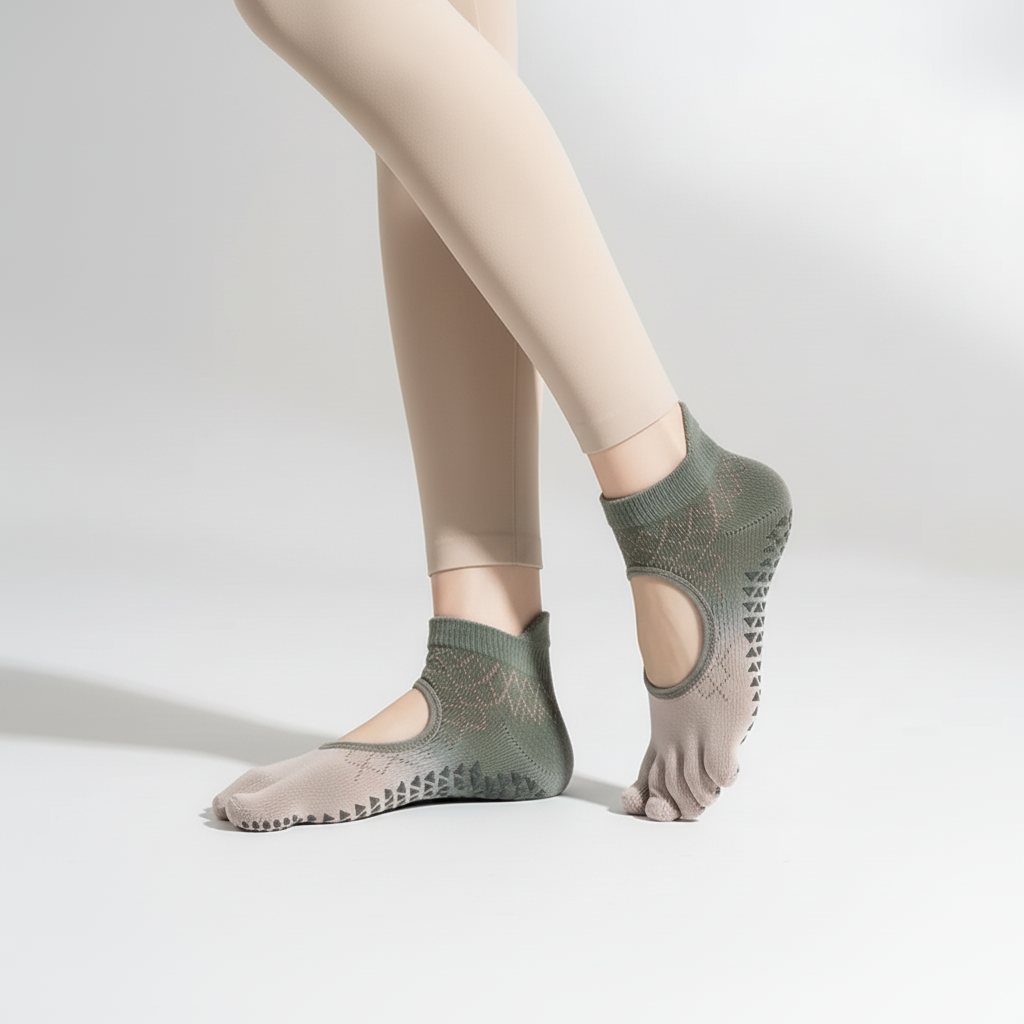 Five toe non-slip yoga socks with silicone grip sole