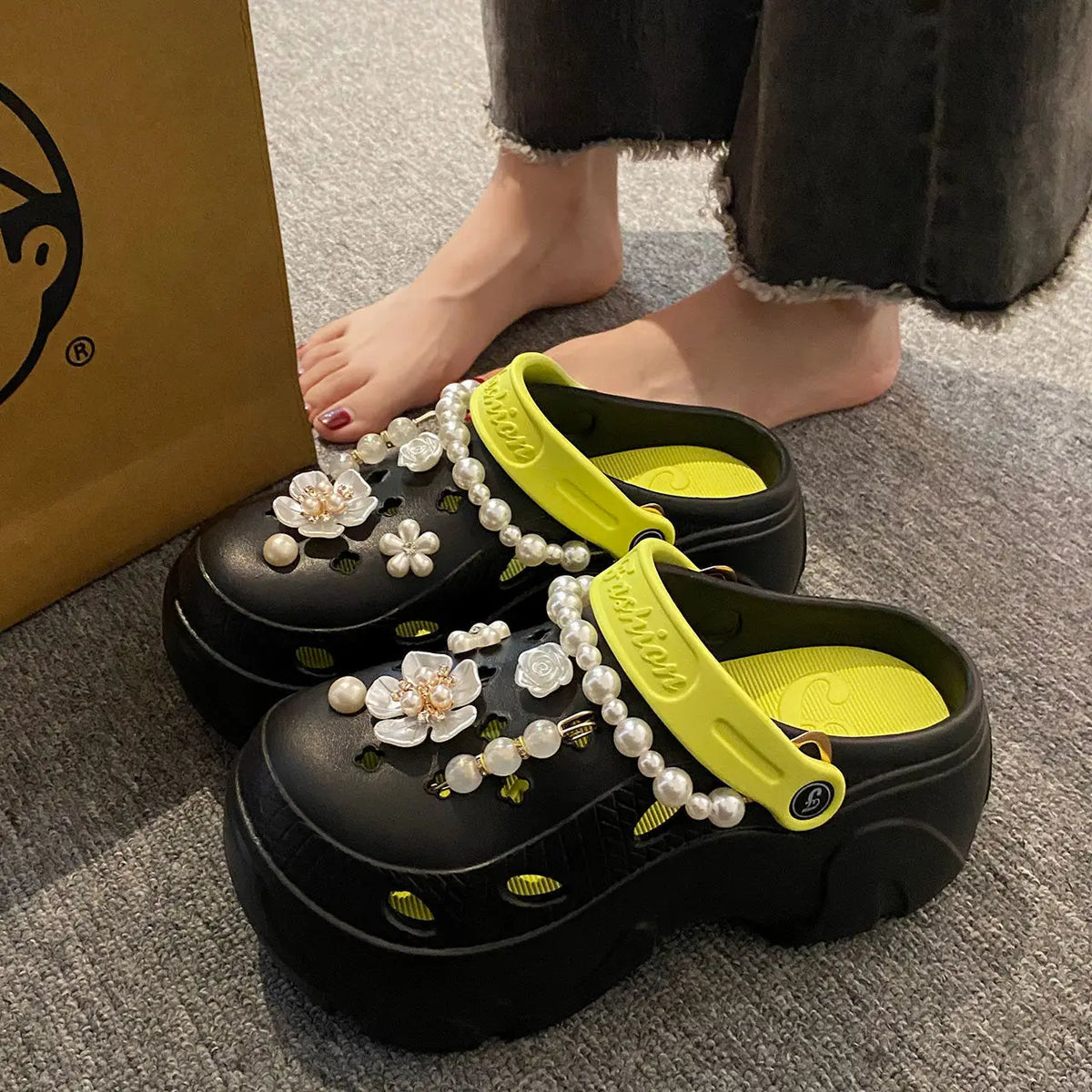 Chunky platform summer clogs with faux pearls and flower embellishments