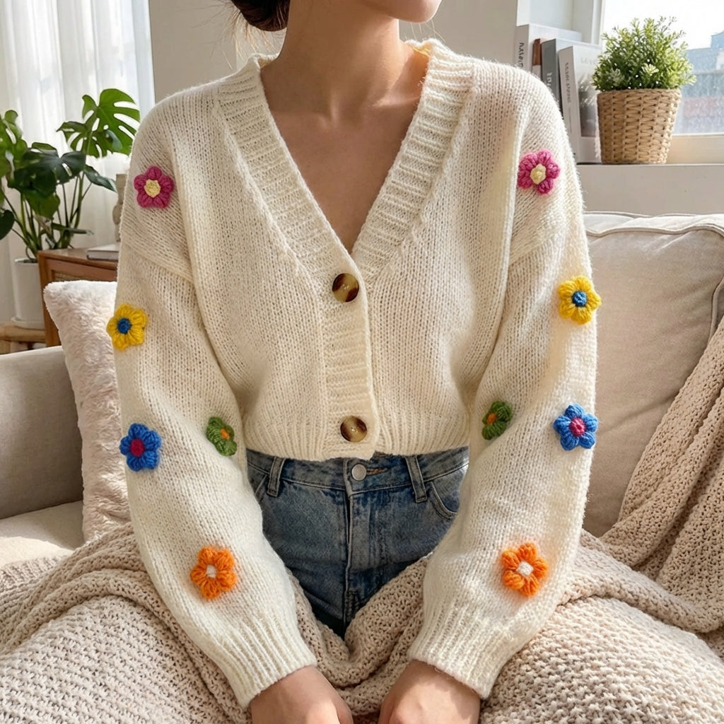 Cropped V neck cardigan with colourful floral appliques and soft knit