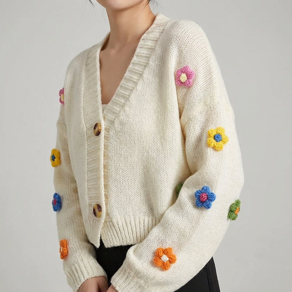 Cropped V neck cardigan with colourful floral appliques and soft knit