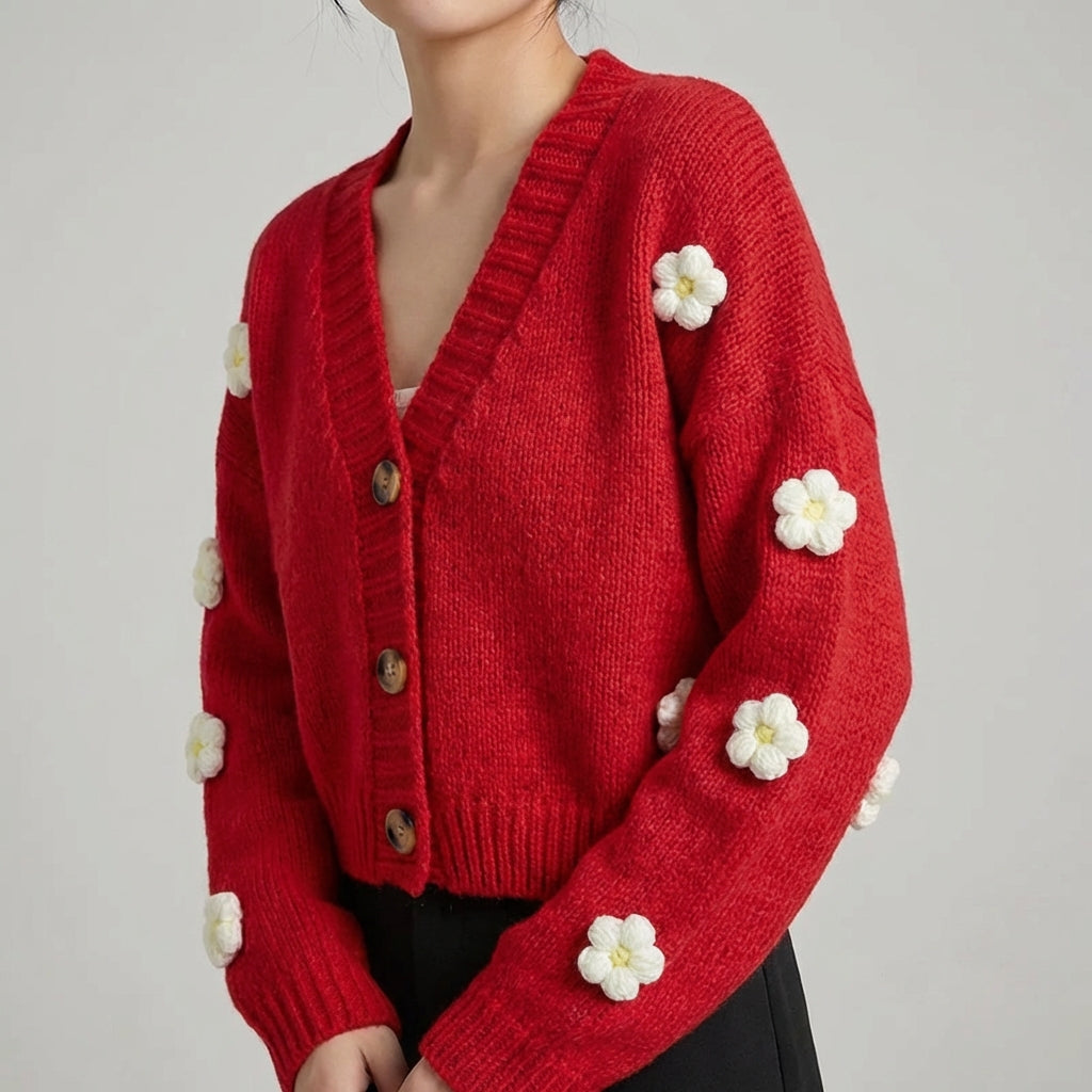 Cropped V neck cardigan with colourful floral appliques and soft knit