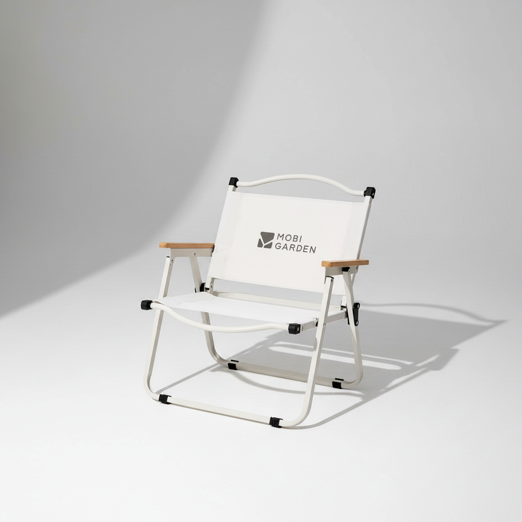 Low profile folding camp chair with armrests and non-slip feet