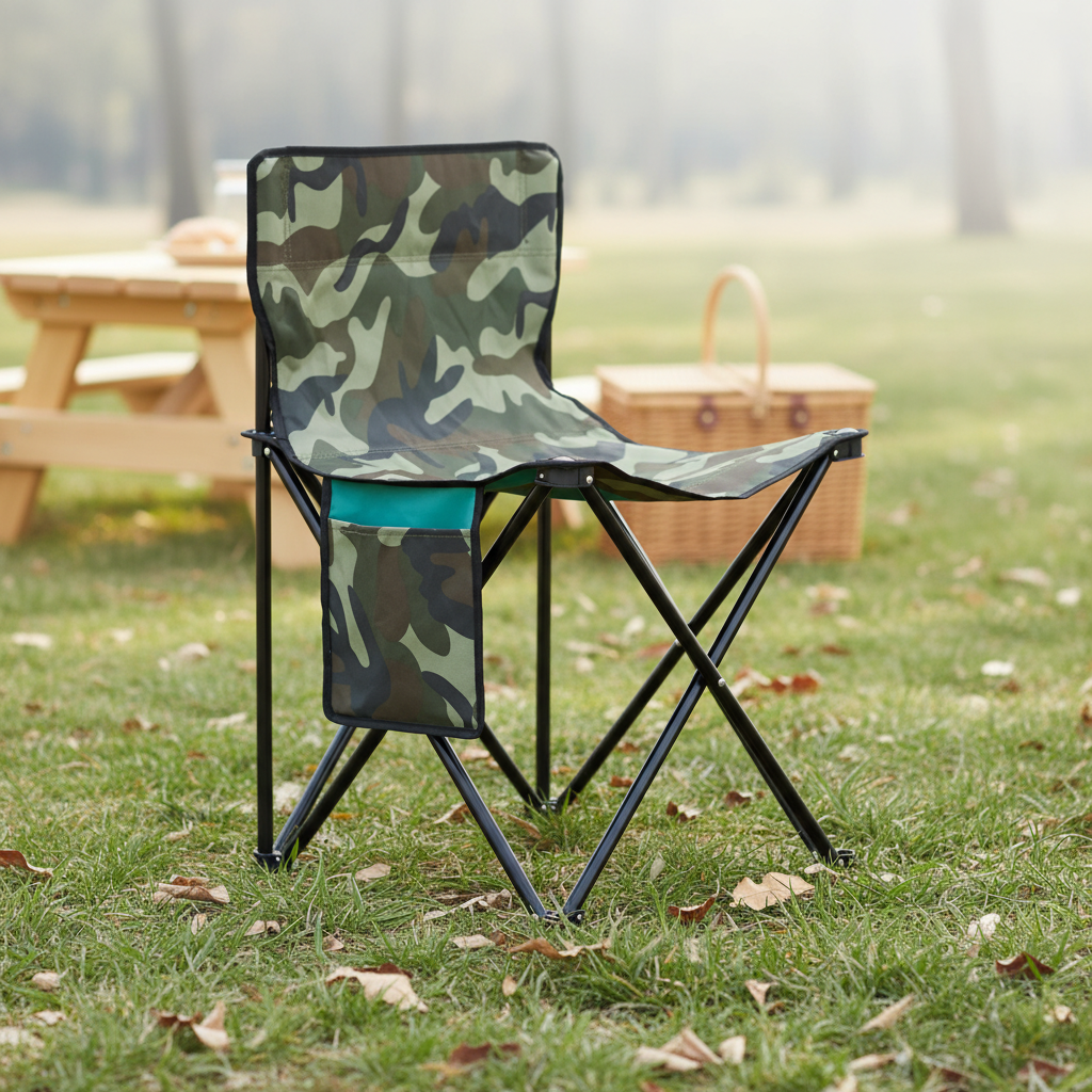 Lightweight folding camping chair with stable crossed frame and storage pocket