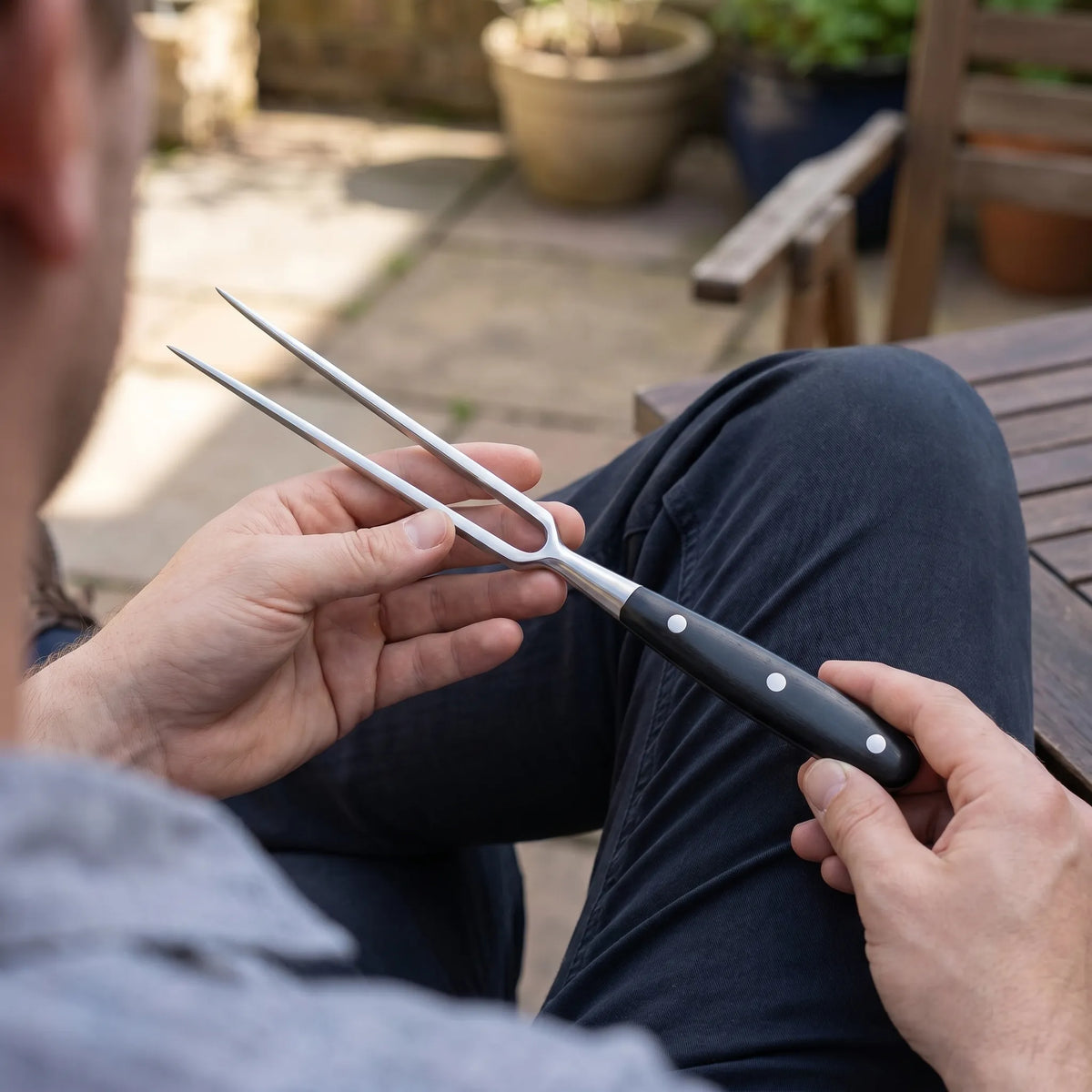 Two-prong stainless steel meat fork with long handle for grilling