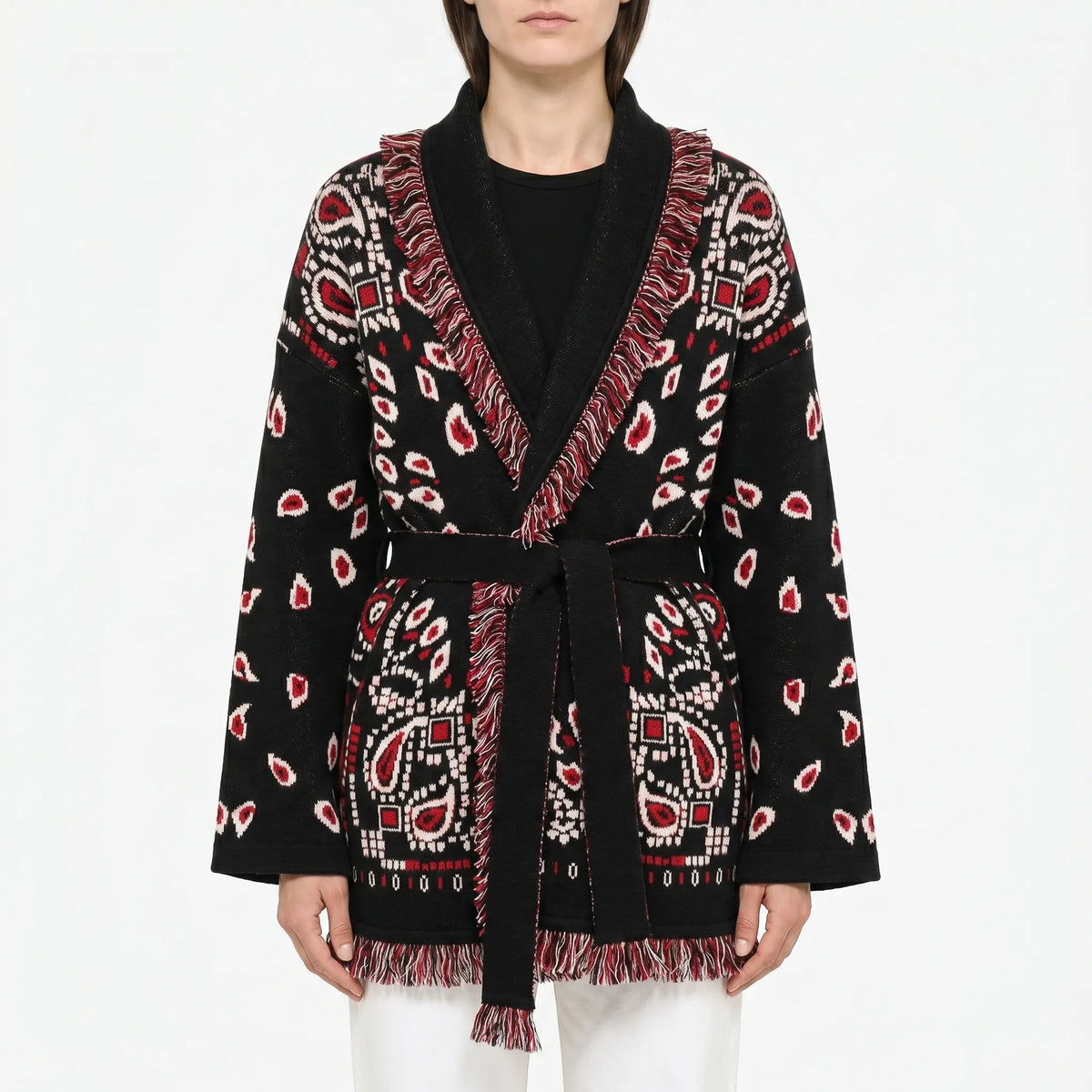 Fringed knit cardigan with geometric jacquard pattern and tie belt