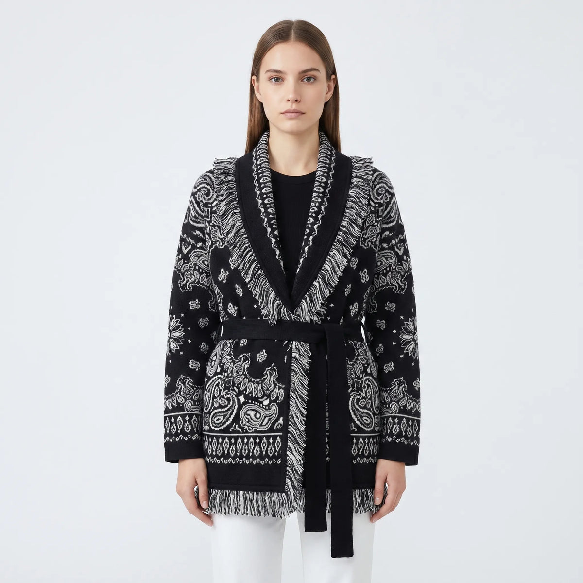 Fringed knit cardigan with geometric jacquard pattern and tie belt