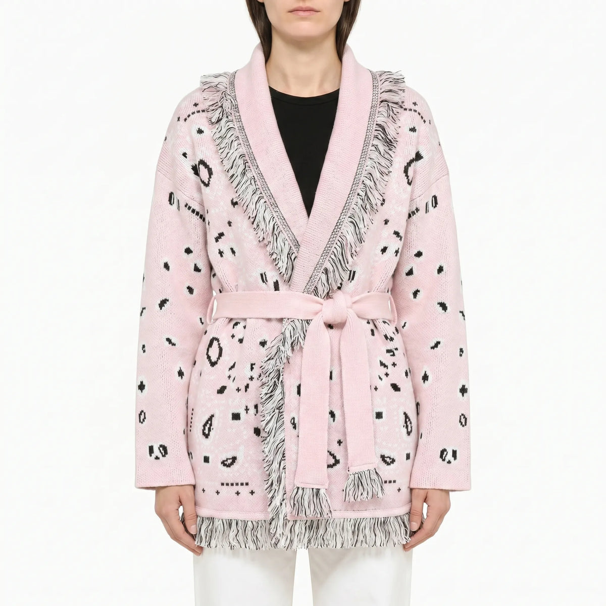 Fringed knit cardigan with geometric jacquard pattern and tie belt