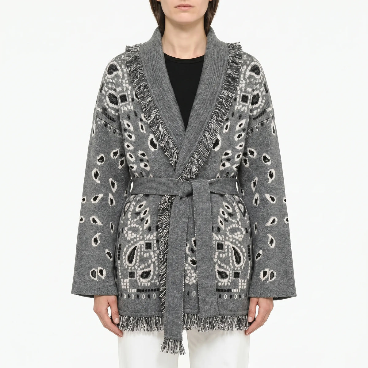 Fringed knit cardigan with geometric jacquard pattern and tie belt