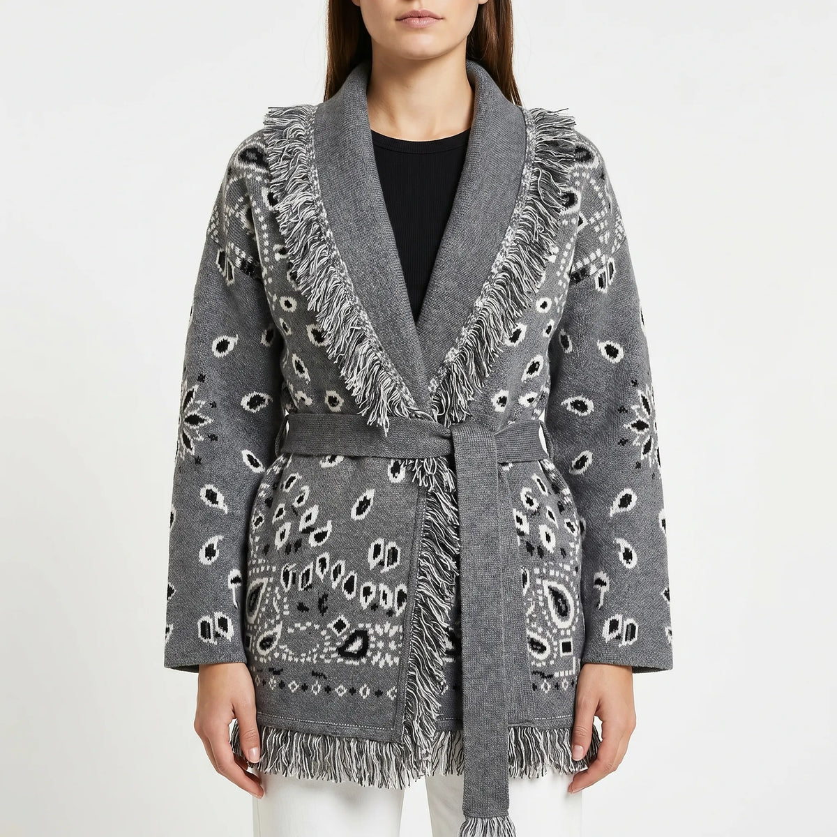 Fringed knit cardigan with geometric jacquard pattern and tie belt