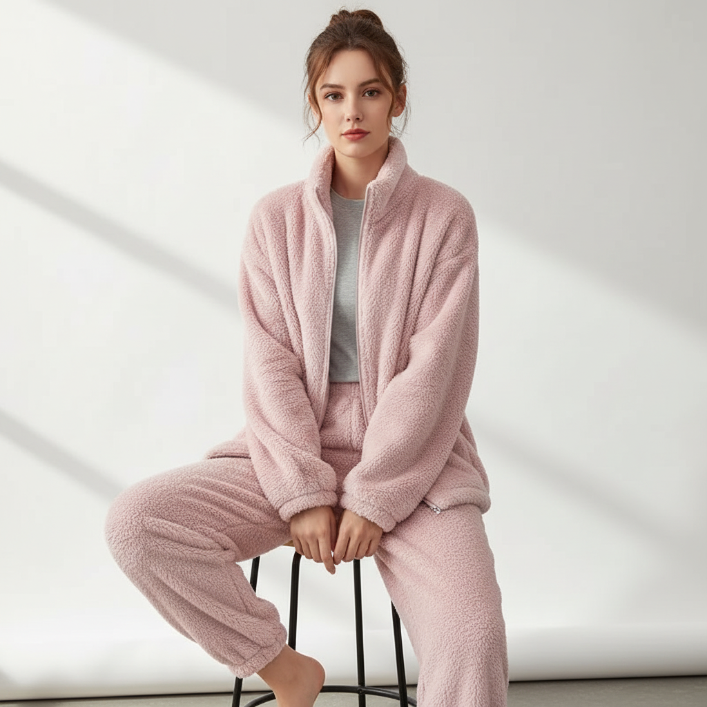 Thick zip front loungewear set with full-length sleeves and pants
