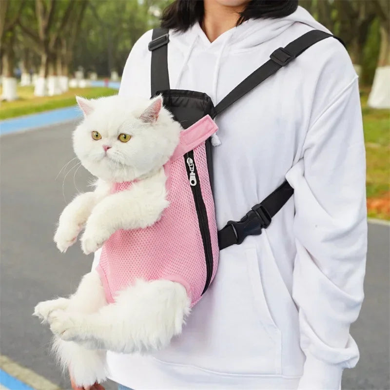 Pet front carry backpack with breathable mesh panels for cats and small dogs