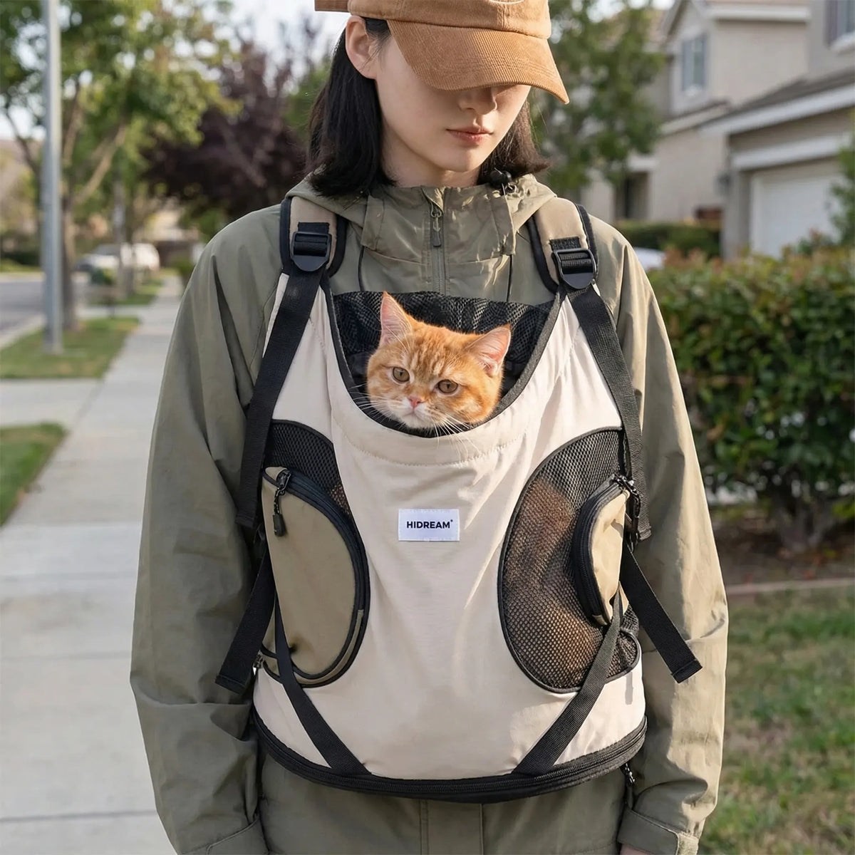 Front chest pet carrier with breathable mesh panels and open top design