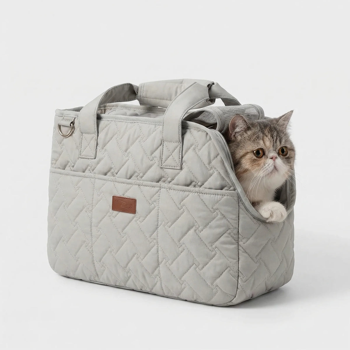 Quilted cat carrier bag with breathable mesh panels and shoulder strap