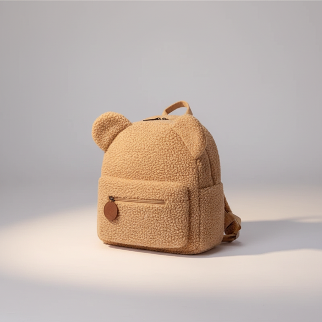 Fluffy plush bear backpack with flannel exterior and padded straps