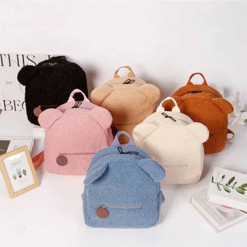 Fluffy plush bear backpack with flannel exterior and padded straps