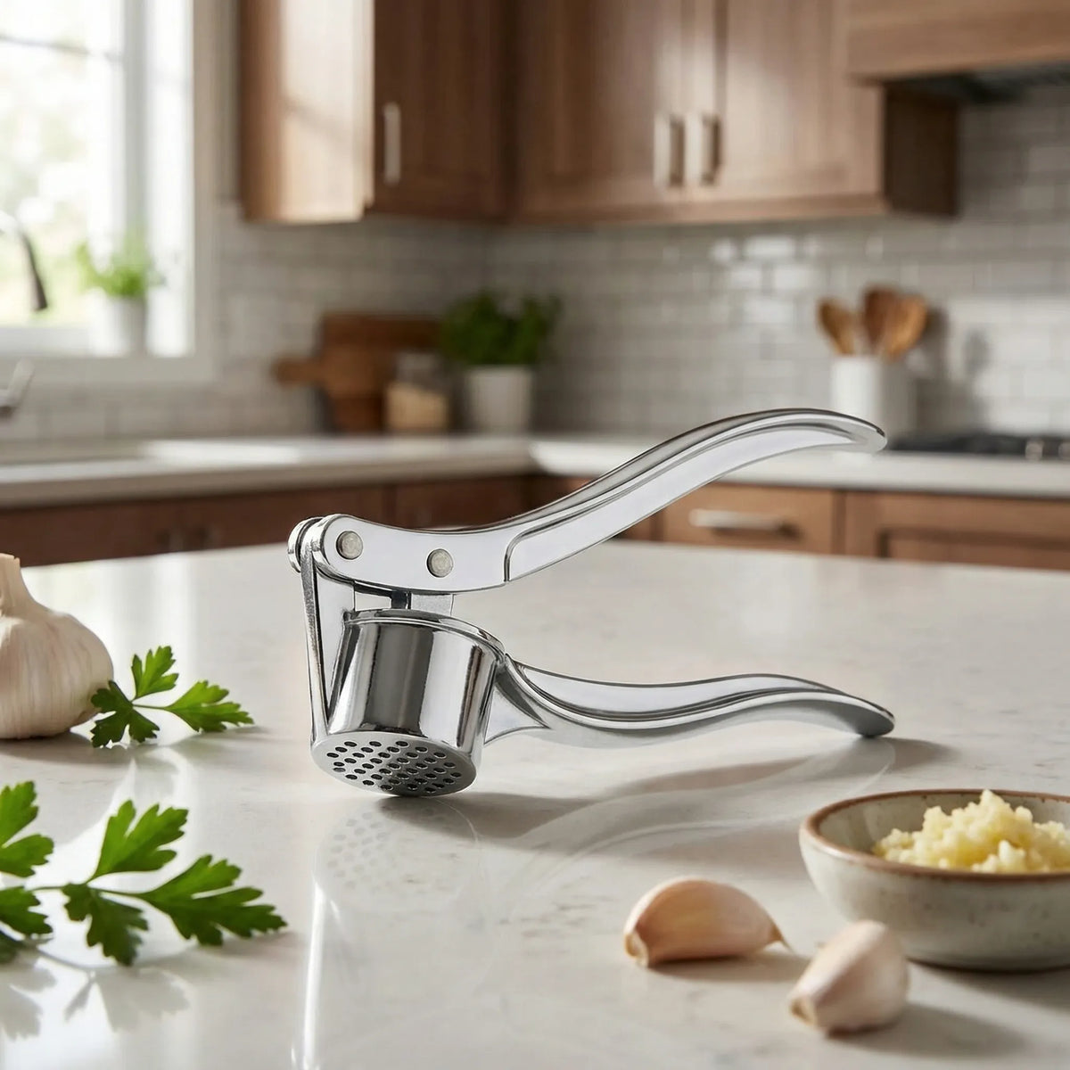 Garlic press hand press tool for crushing garlic in kitchen
