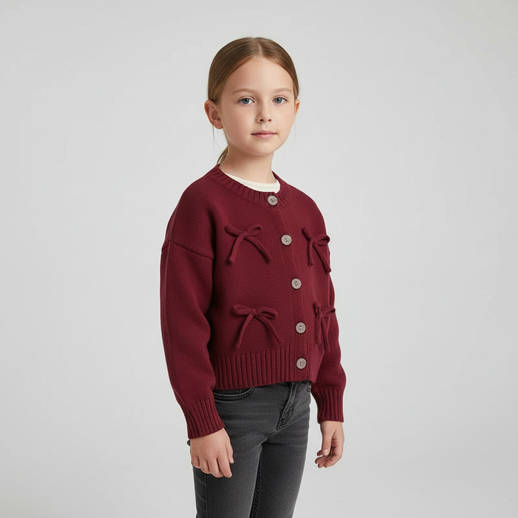 Girls knit cardigan with playful bows and ribbed details