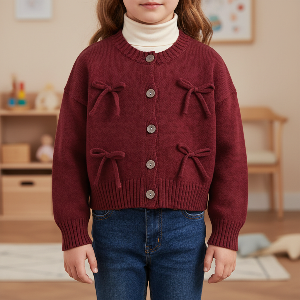 Girls knit cardigan with playful bows and ribbed details