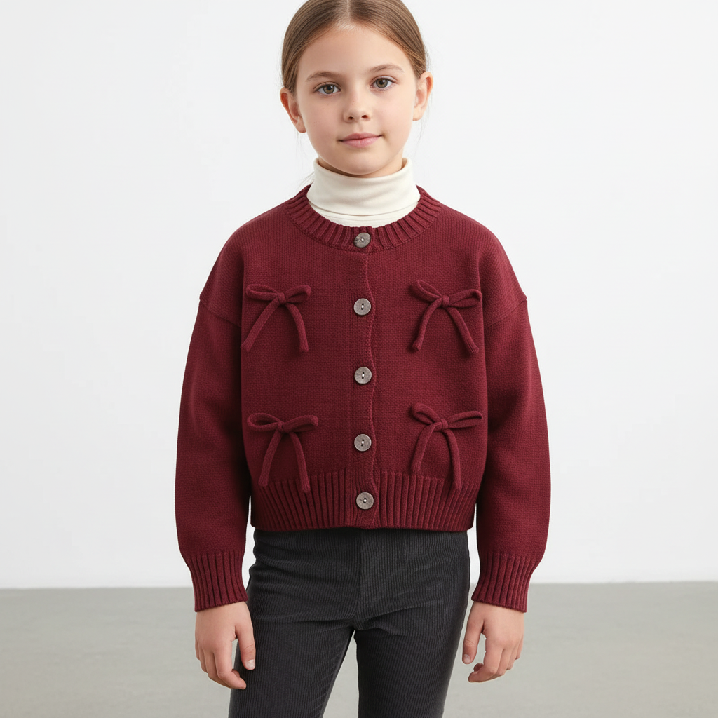 Girls knit cardigan with playful bows and ribbed details