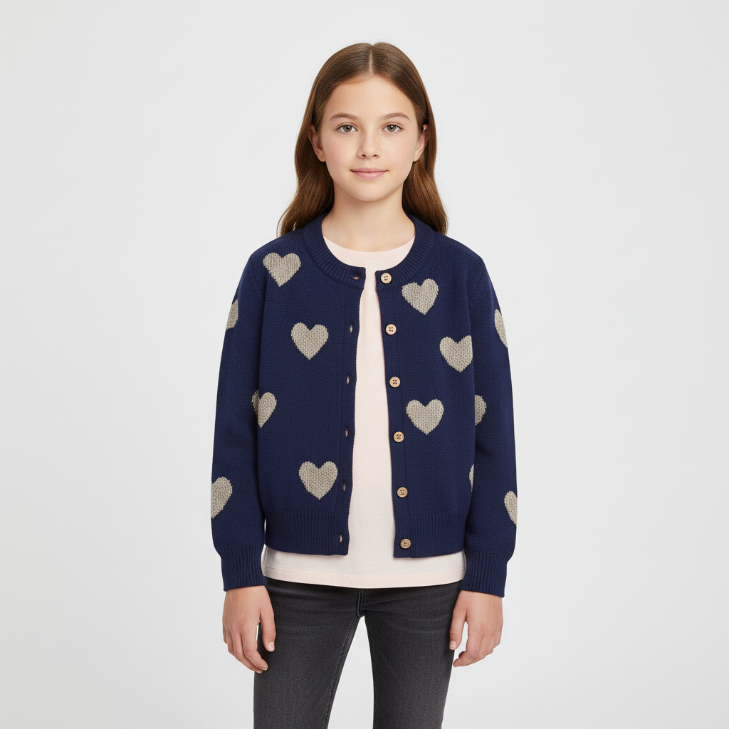 Kids knit cardigan with heart pattern and button front