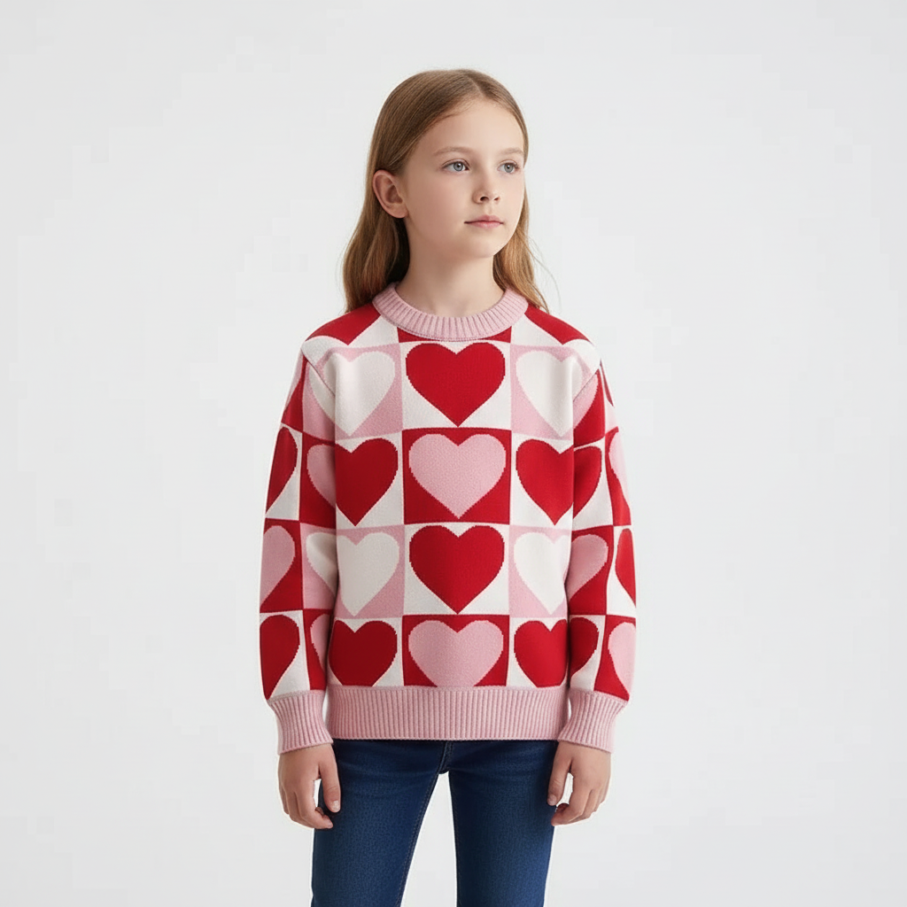 Girls knit sweater with heart check pattern and crewneck