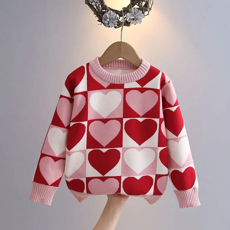 Girls knit sweater with heart check pattern and crewneck