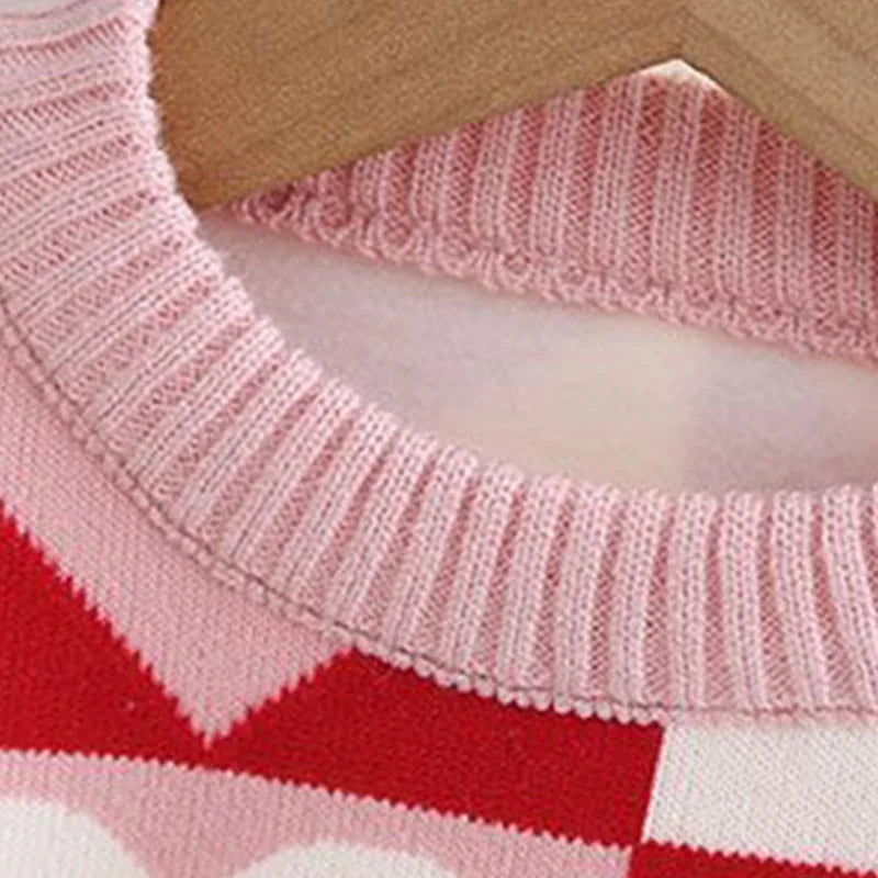 Girls knit sweater with heart check pattern and crewneck