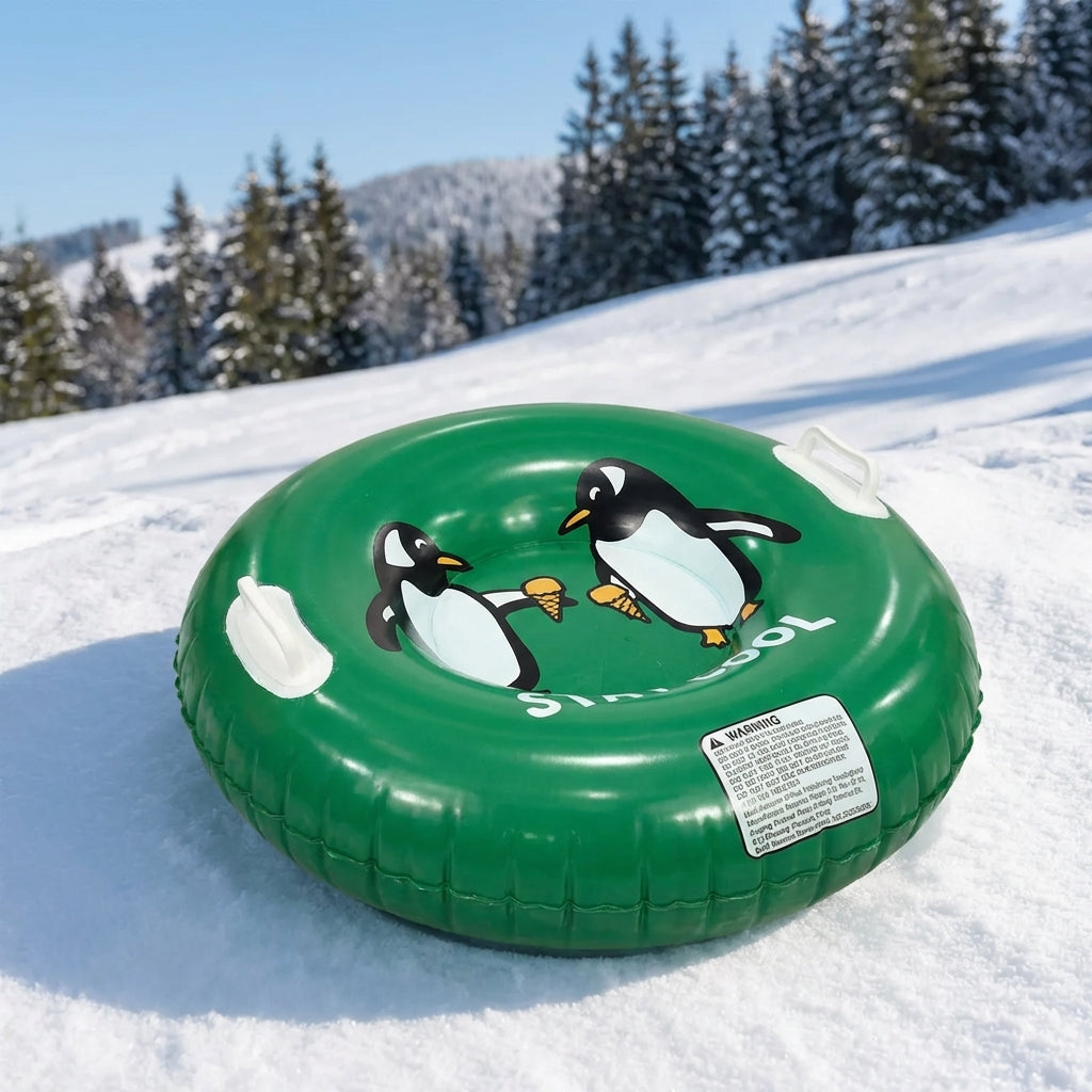 Inflatable round snow sled with dual grip handles and low profile
