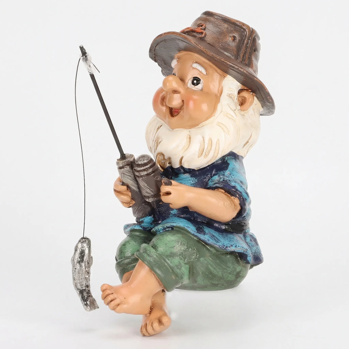 Seated fishing gnome with hand-painted detail, UV-resistant outdoor garden statue